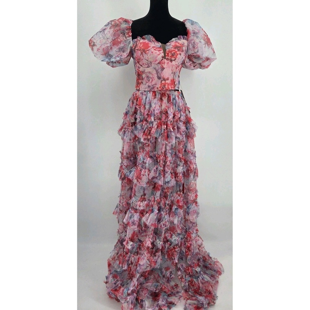 Nova Luxe Carmencita Chiffon Skirt Set Medium Pink Floral Ruffled Poof Sleeves - Picture 4 of 9